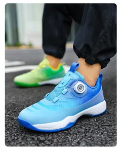 Detail shot of blue gradient badminton shoes with professional BOA rotation buckle system