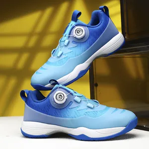 Blue gradient badminton shoes with rotation buckle and shock absorption on yellow background