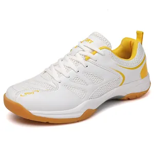 Chaussures de badminton respirantes blanc et jaune avec semelle en gomme antidérapante