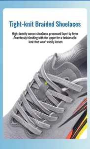 Detail of tight high-density woven laces on gray breathable mesh running shoes