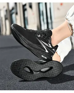Detail of black running shoe featuring breathable mesh upper and anti-slip rubber outsole