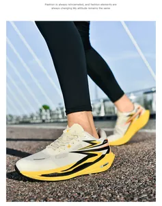 Close-up of cushioned running shoe with mesh fabric and yellow shock-absorbing sole