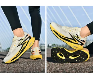 Detailed view of breathable mesh outdoor running shoes with thick cushioned soles and grip