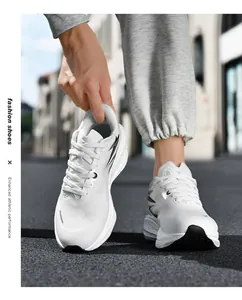 Close-up of white running shoe with breathable mesh and thick shock-absorbing sole