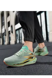 Detail view of mint green running shoe with breathable mesh and golden lightning stripes