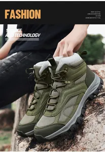 Outdoor high-top hiking boots featuring olive green suede and non-slip rubber soles