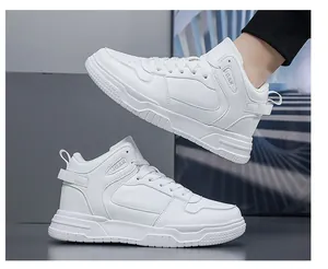 Detail of high-top white sneakers with thick non-slip soles and synthetic leather texture
