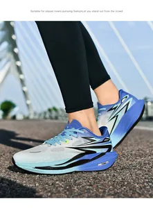 Dynamic outdoor view of breathable running shoes featuring blue gradient mesh and lightning pattern