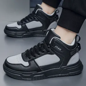Mens high-top fashion sneakers in black and gray colorway with thick rubber sole