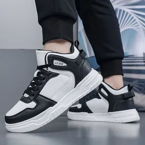 Men high-top platform sneakers in black and white leather with breathable design