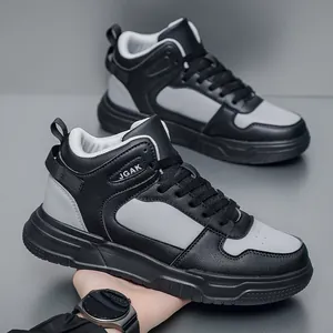 High-top black and grey patchwork platform sneakers for men with leather texture finish