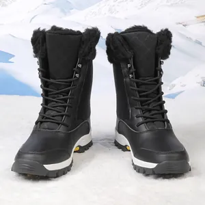 Botas de nieve para invierno con cuero negro impermeable y forro grueso de pelo sintético