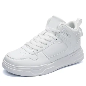 Men's high-top white platform sneakers in leather with lace-up design and thick rubber sole