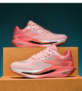 Macro detail of breathable pink mesh upper and cushioned sole on athletic running shoes