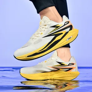 Lightweight breathable running shoes in beige with orange accents and cushioned soles