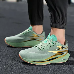 Mint green breathable mesh running shoes with thick cushioned soles on asphalt road