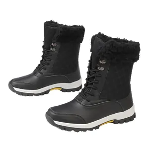 Botas de nieve negras para mujer con cuello de pelo sintético y suela de goma gruesa