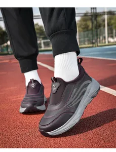 Close-up of waterproof synthetic leather walking shoes with thick slip-resistant soles