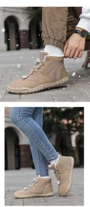 Detail of khaki winter boots featuring warm white faux fur lining and bungee lace toggle