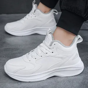 Winter high-top white leather sneakers with warm fleece lining and thick rubber sole