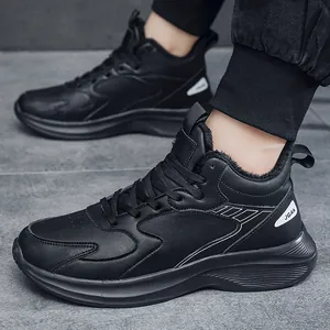 Winter black high-top faux leather sneakers with warm faux fur lining and thick soles