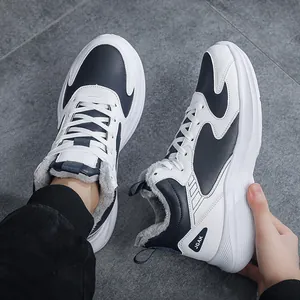 Winter fleece-lined sneakers in white and navy blue with durable warm faux fur lining