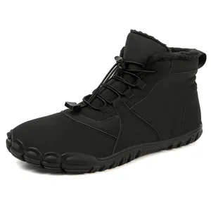 Waterproof black winter snow boots with warm plush lining and drawstring closure system
