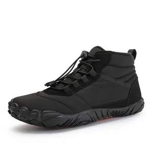 Warm black men's winter outdoor boots with non-slip sole and drawstring closure