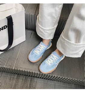 Detail of light blue leather ballet trainer shoes on escalator showing gum sole texture