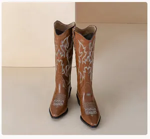 Detail view of brown cowboy boots with white western embroidery and a classic V-cut top