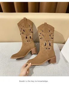 Detail of brown suede western boots featuring intricate laser cut-outs and embroidery