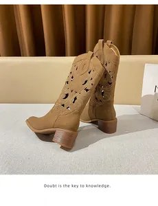 Detail of western cowboy boots with intricate hollow-out embroidery and chunky heels