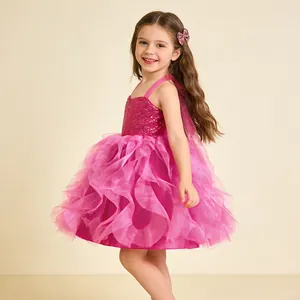 Detail of rose red sequined bodice and layered tulle skirt for girls princess dress
