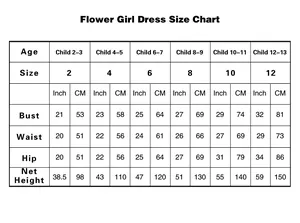 Detailed size chart for lace flower girl dress with measurements in inches and cm