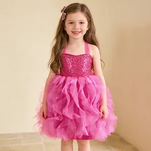 Detail of pink sequin bodice and layered mesh tutu skirt for girls princess dress