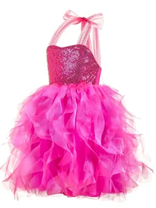 Detail of pink flower girl dress featuring sequined bodice and tiered organza tutu skirt