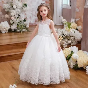 Detailed embroidery on white lace tulle flower girl dress for weddings and ceremonies