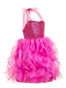 Close-up of fuchsia sequins and layered tulle on girls' sparkling princess party dress