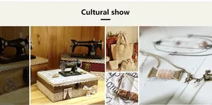 Detail of vintage bronze sewing machine necklace with cotton linen bag and wooden jewelry box