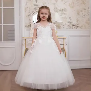 Exquisite white lace embroidery and multi-layer mesh details of girl's princess dress
