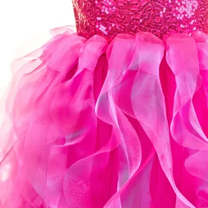 Detail of fuchsia sequins and layered tulle ruffles on the girl's princess party dress