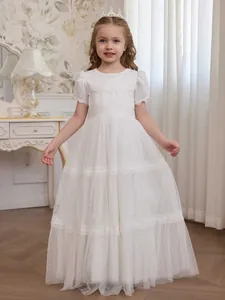 White Girls Princess Dress Lace Mesh Tulle Long Gown Puff Sleeve Layered Cake Dress For Wedding Party Ceremony Flower Girl