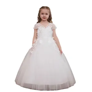 Detail of white lace flower embroidery and mesh sleeves on toddler princess dress