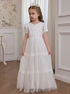 Elegant white short sleeve lace princess dress for girls with polka dot mesh layers