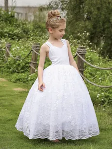 Vestido de princesa de encaje blanco para niña, ideal para damas de honor y bodas