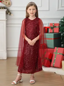 Sleeveless burgundy sequins girl gown with mesh cape for Christmas party and performance
