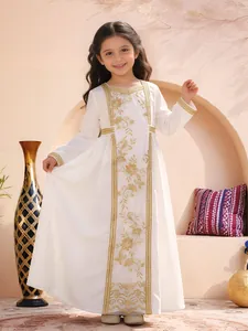 Elegant Girls Long Sleeve Embroidered Dress Middle East Dubai Style Gold Floral Lace Robe For Wedding Party Ethnic Kaftan