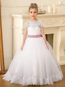 Abito da Principessa per Bambina in Pizzo e Maglia per Matrimonio Festa con Cintura a Fiocco Elegante Formale Abito di Compleanno
