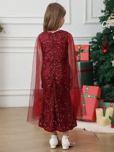 Sparkly burgundy girls sleeveless sequin gown with elegant long tulle cape for Christmas