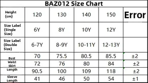 Detailed size chart for girls' long sleeve elegant embroidered dress with measurements